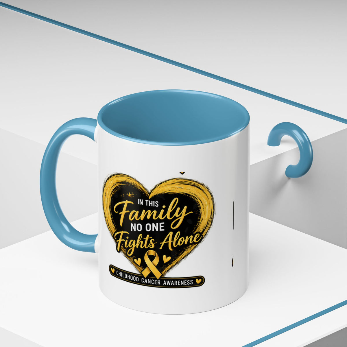 Childhood Cancer Awareness Accent Coffee Mug — "In This Family No One Fights Alone"
