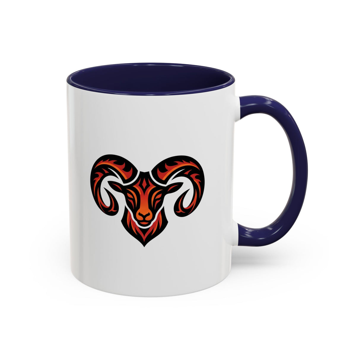 Aries Zodiac Ram Logo Accent Coffee Mug — Bold Tribal Ram Head Design
