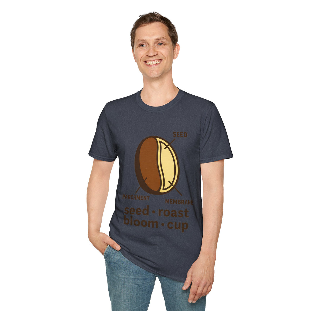 "Seed Roast Bloom Cup" Coffee Bean Graphic Tee - Minimalist Barista Aesthetic White T-Shirt - Trending Now - September 2026