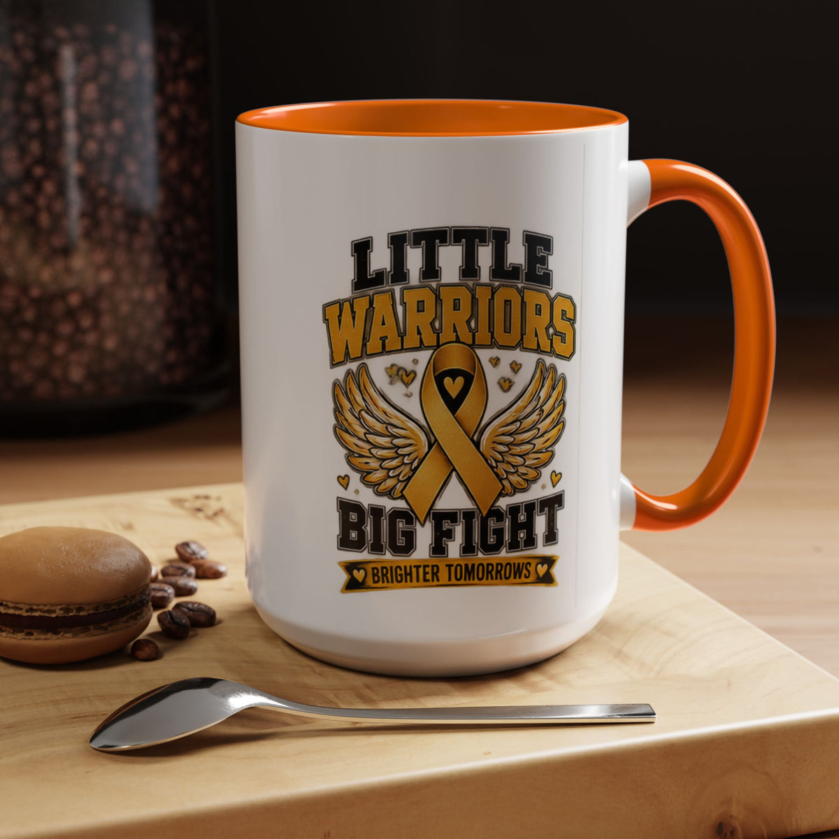 Little Warriors Big Fight Childhood Cancer Awareness Coffee Mug — Gold Ribbon Support Accent Mug