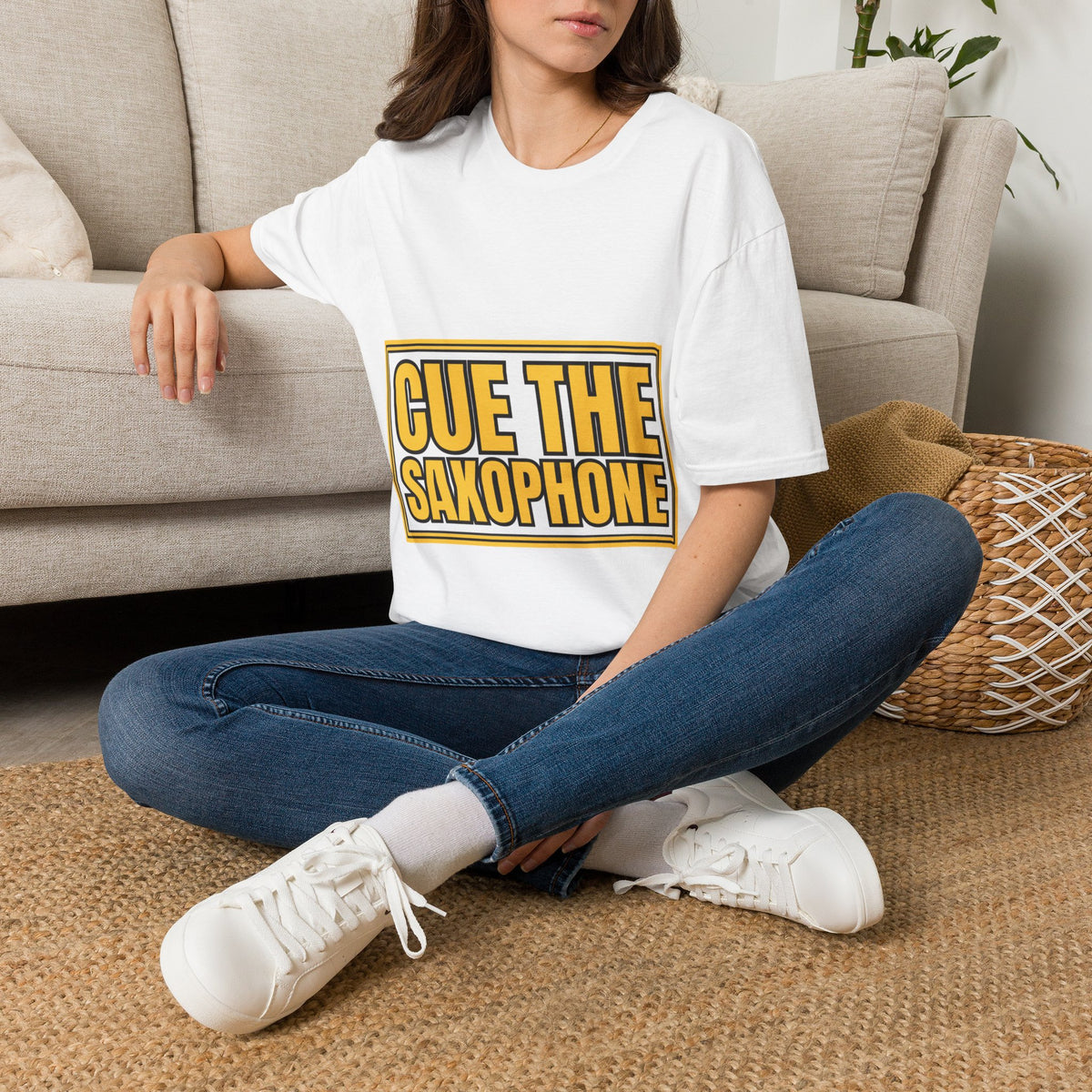 "Cue The Saxophone" Bold Yellow Typography Graphic Tee - Trending Now - September 2026