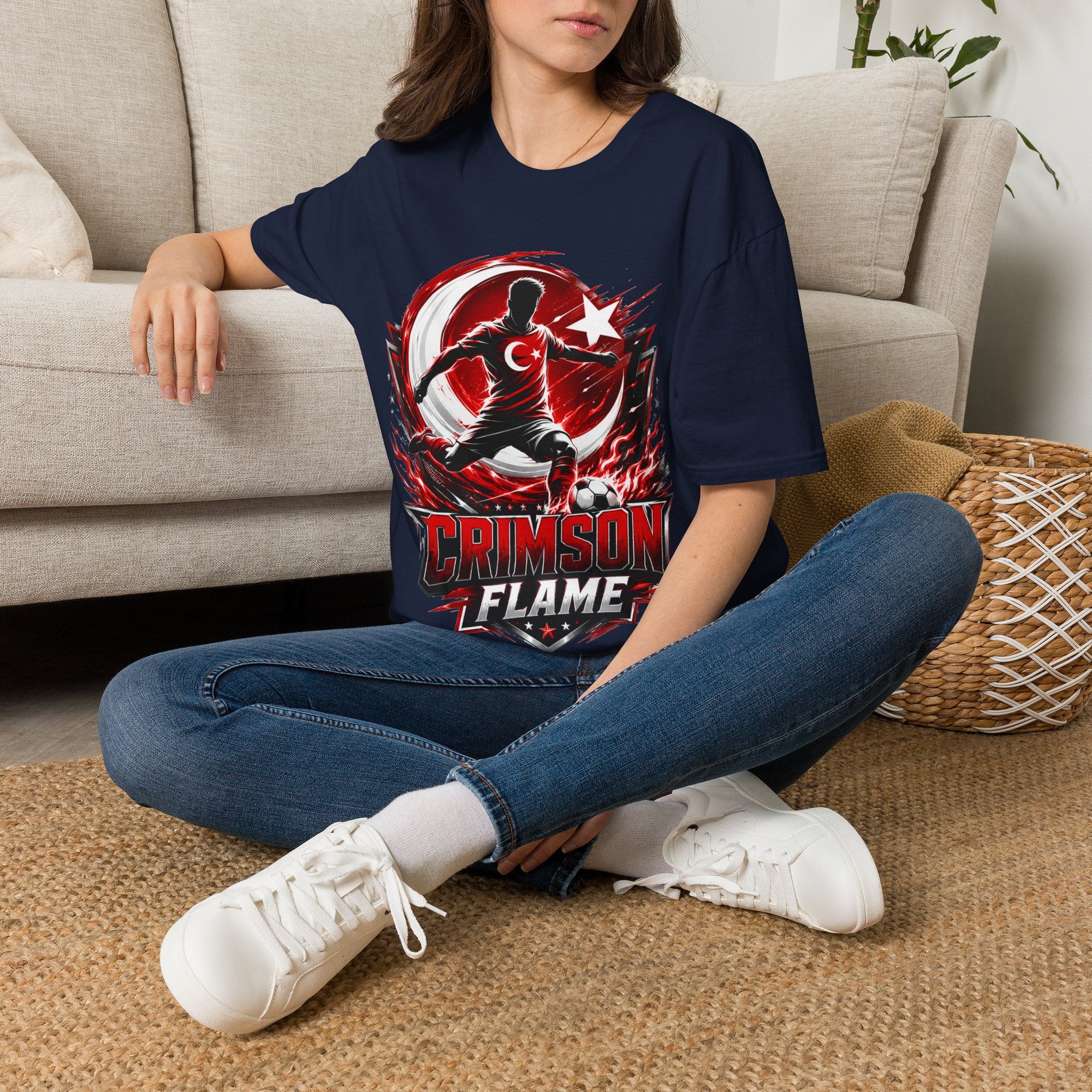 Turkey Crimson Flame Soccer T-Shirt — Turkish Crescent & Star Football Fan Tee