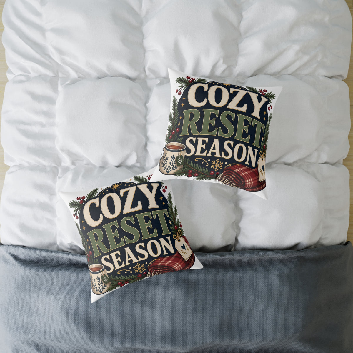 Modern Day Christmas Cozy Reset Season Square Poly Canvas Pillow