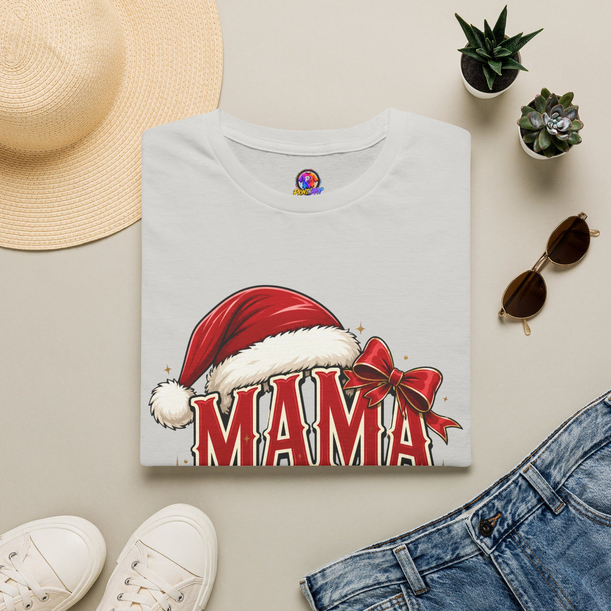 Mama Claus T-Shirt — Festive Christmas Mom Tee with Santa Hat & Bow