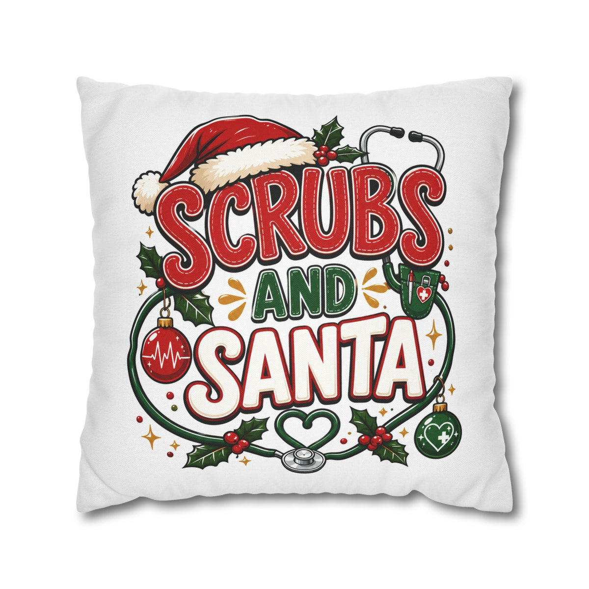 Christmas Scrubs and Santa Holiday Pillowcase – Christmas Nurse Decorative Throw Pillow Cover