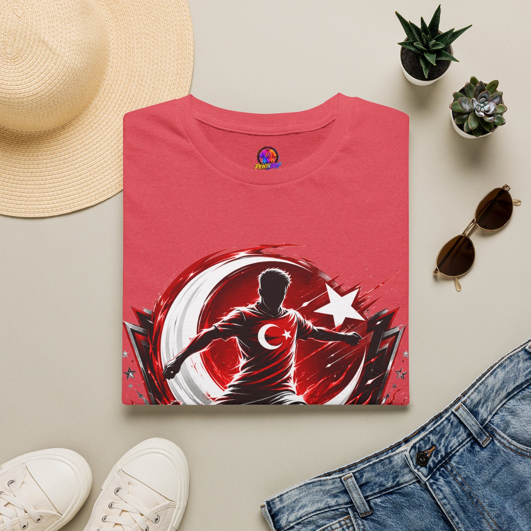 Turkey Crimson Flame Soccer T-Shirt — Turkish Crescent & Star Football Fan Tee