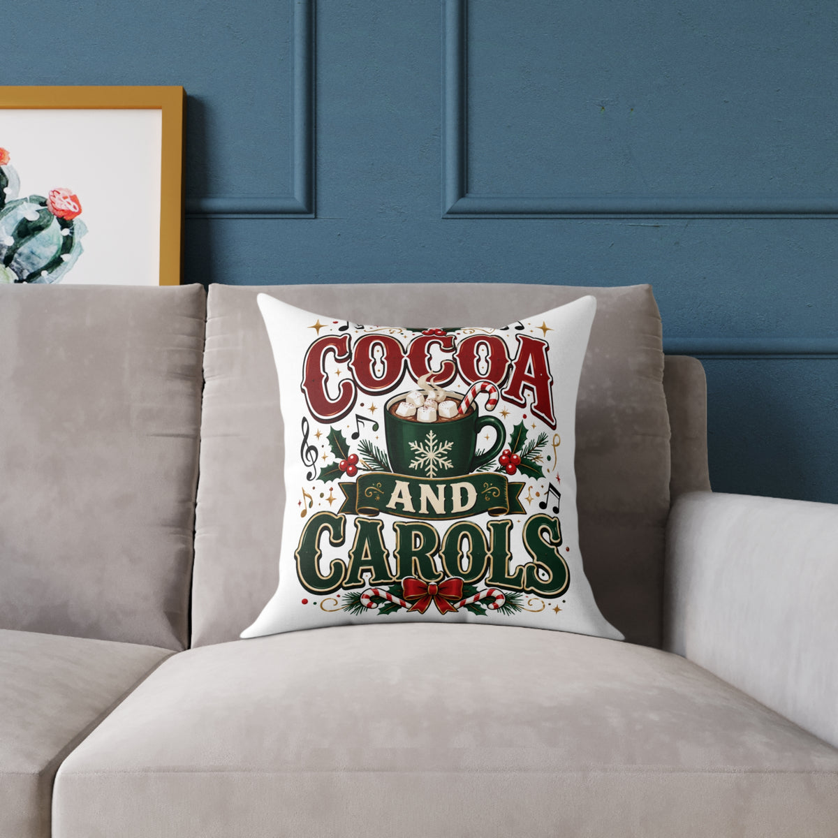 Christmas Cocoa and Carols Square Pillow — Holiday Hot Cocoa Christmas Decor