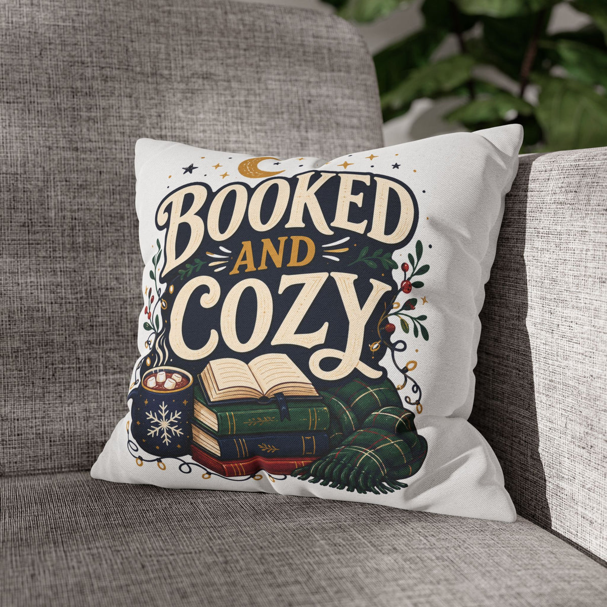 Booked and Cozy Square Pillowcase Modern Day Christmas — Booklover Decorative Throw Pillow Cover