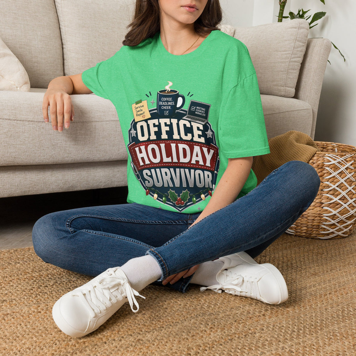 Office Holiday Survivor T-Shirt — Coffee, Deadlines & Cheer Work Shirt