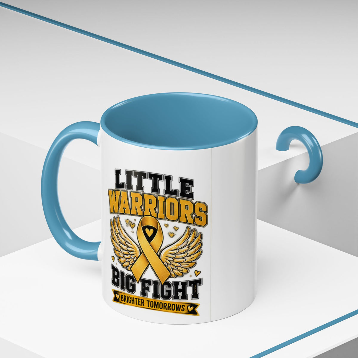 Little Warriors Big Fight Childhood Cancer Awareness Coffee Mug — Gold Ribbon Support Accent Mug