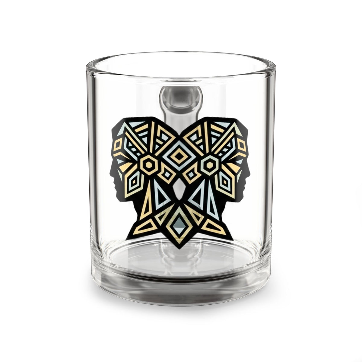 Gemini Geometric Elephant Glass Mug — 10oz Tribal-Inspired Animal Coffee Cup