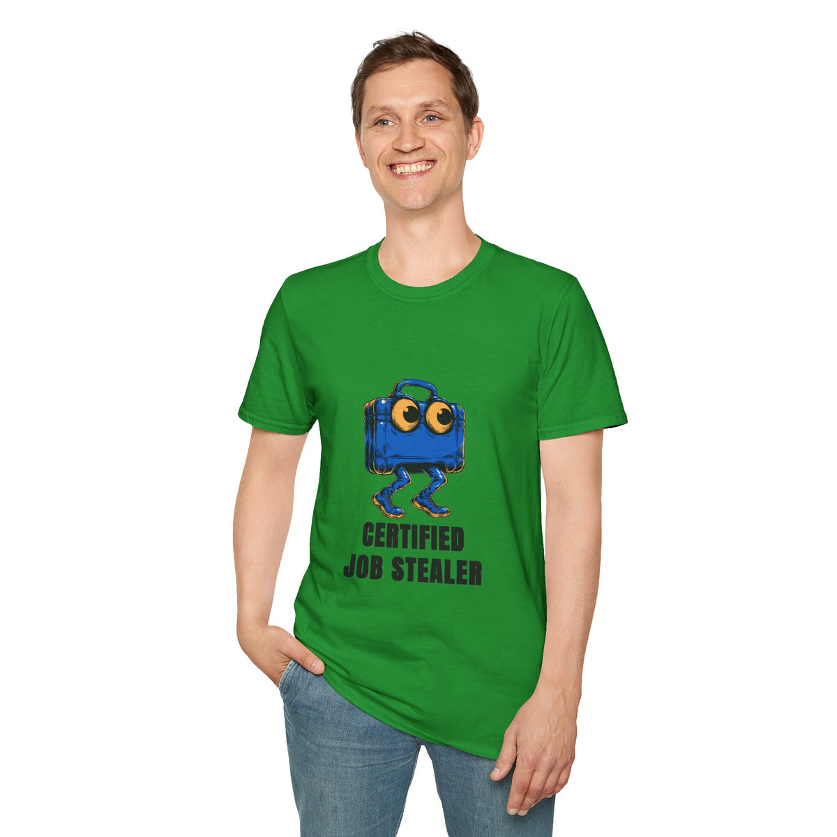 T-Shirt — Certified Job Stealer Funny Blue Suitcase Graphic - Trending Now - August 2026