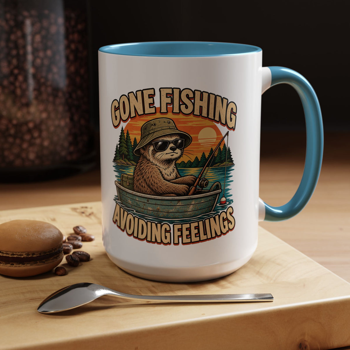 Funny And Witty "Gone Fishing Avoiding Feelings" Accent Coffee Mug (11, 15oz)