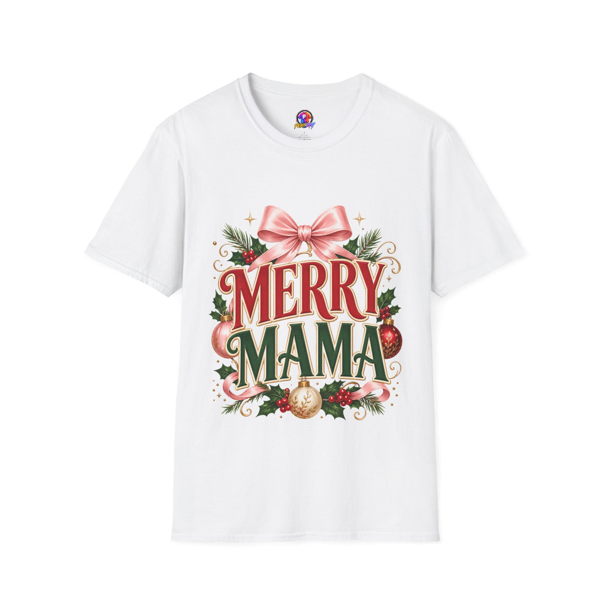 Merry Mama Christmas T-Shirt — Festive Bow & Holiday Greenery Tee