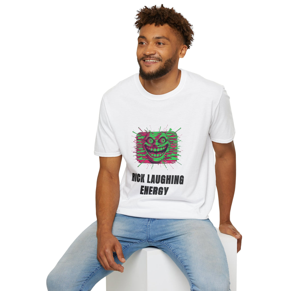 T-Shirt — 'Rick Laughing Energy' Neon Glitch Graphic - Trending Now - August 2026