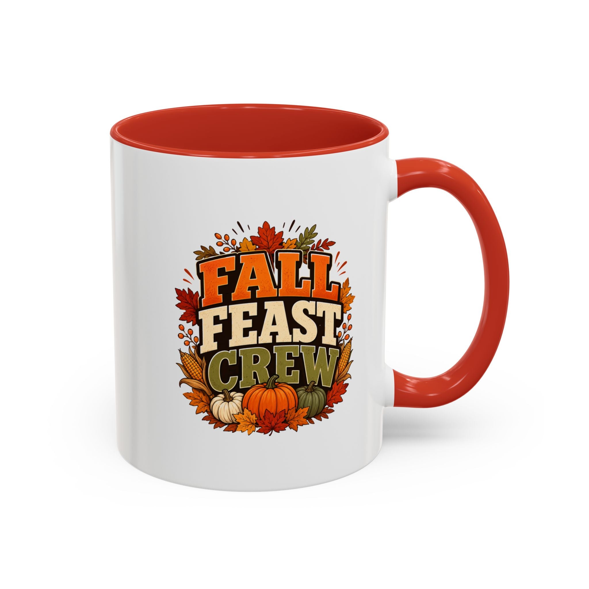 Thanksgiving Mug Fall Feast Crew Coffee Mug — Autumn Pumpkin & Leaves Accent Mug