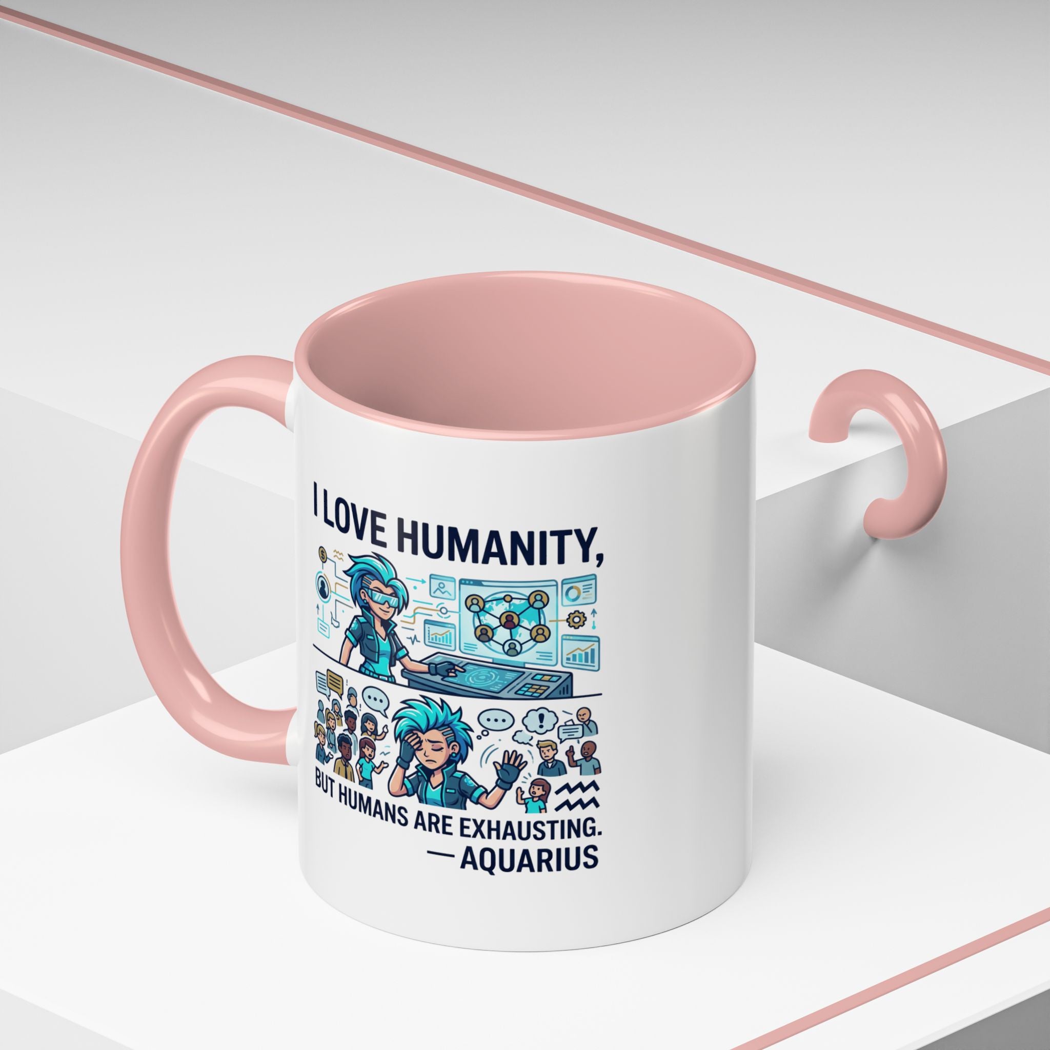 Aquarius Zodiac Coffee Mug — "I Love Humanity, But Humans Are Exhausting" Accent Mug