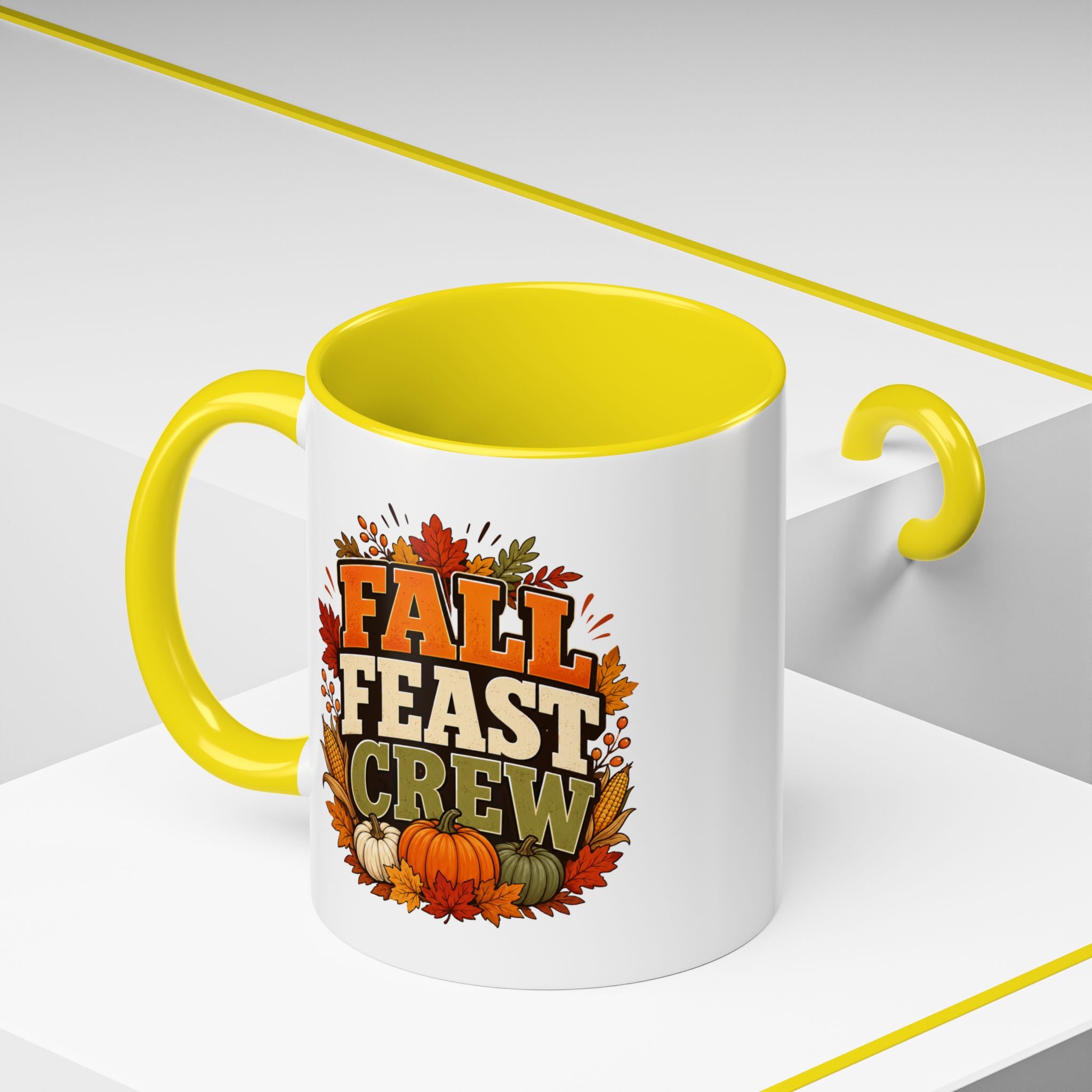 Thanksgiving Mug Fall Feast Crew Coffee Mug — Thanksgiving Pumpkin Autumn Leaves Accent Mug