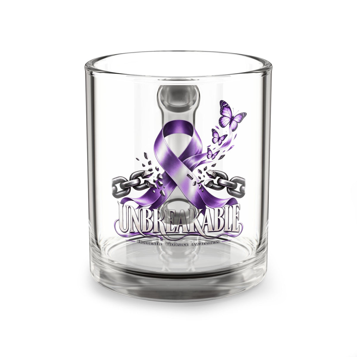 Glass Mug — "Unbreakable" Purple Domestic Violence Awareness Ribbon Design (10 oz)