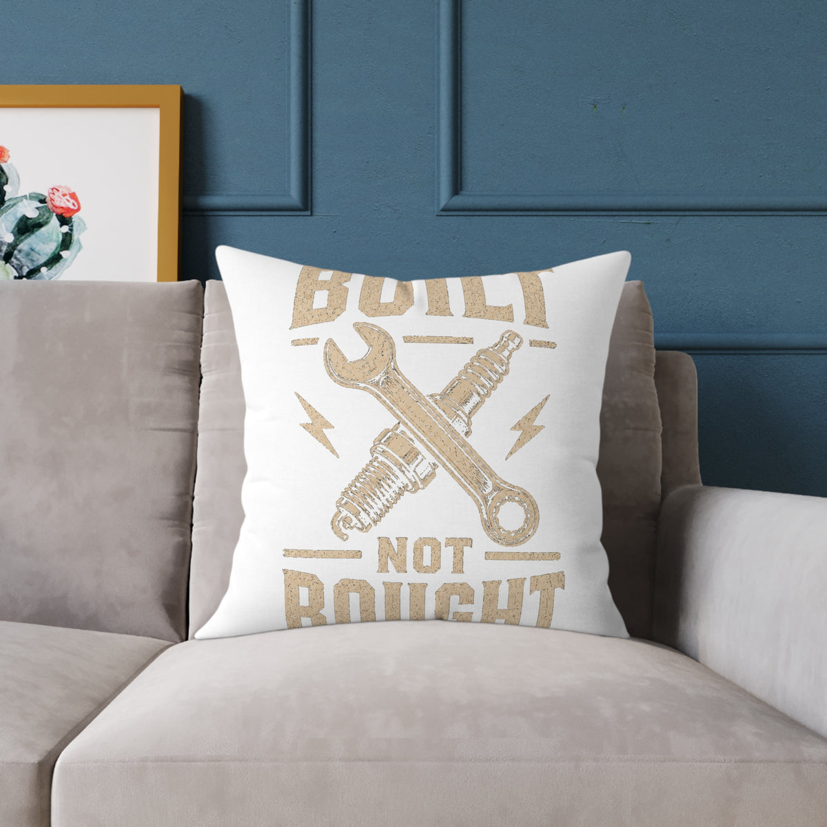 Built Not Bought Square Pillow — Mechanic Garage Decor Milo Bailey Dog Dad Mom
