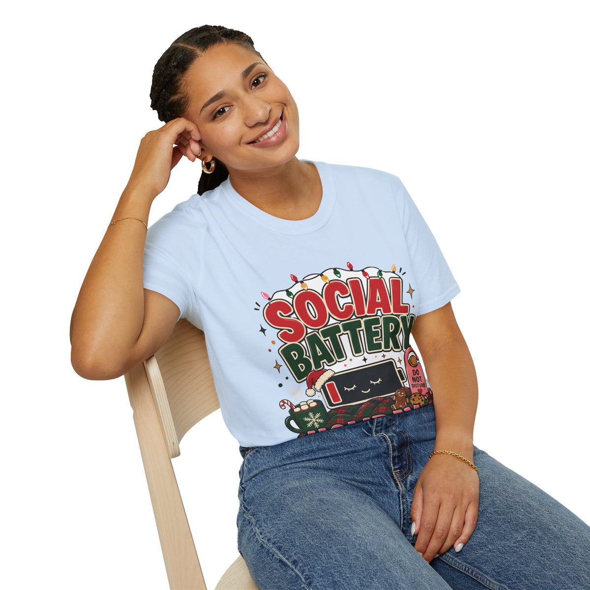 Social Battery Holiday T‑Shirt — Funny Christmas Recharge Graphic Tee