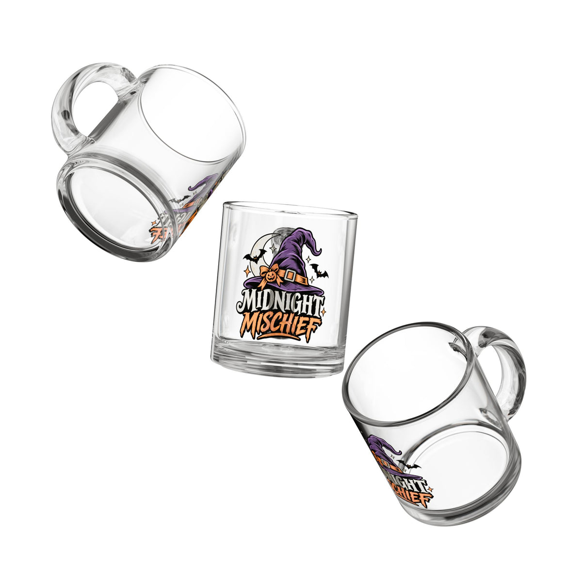 Midnight Mischief Halloween Glass Mug — 10oz Witch Hat & Bats Coffee Cup