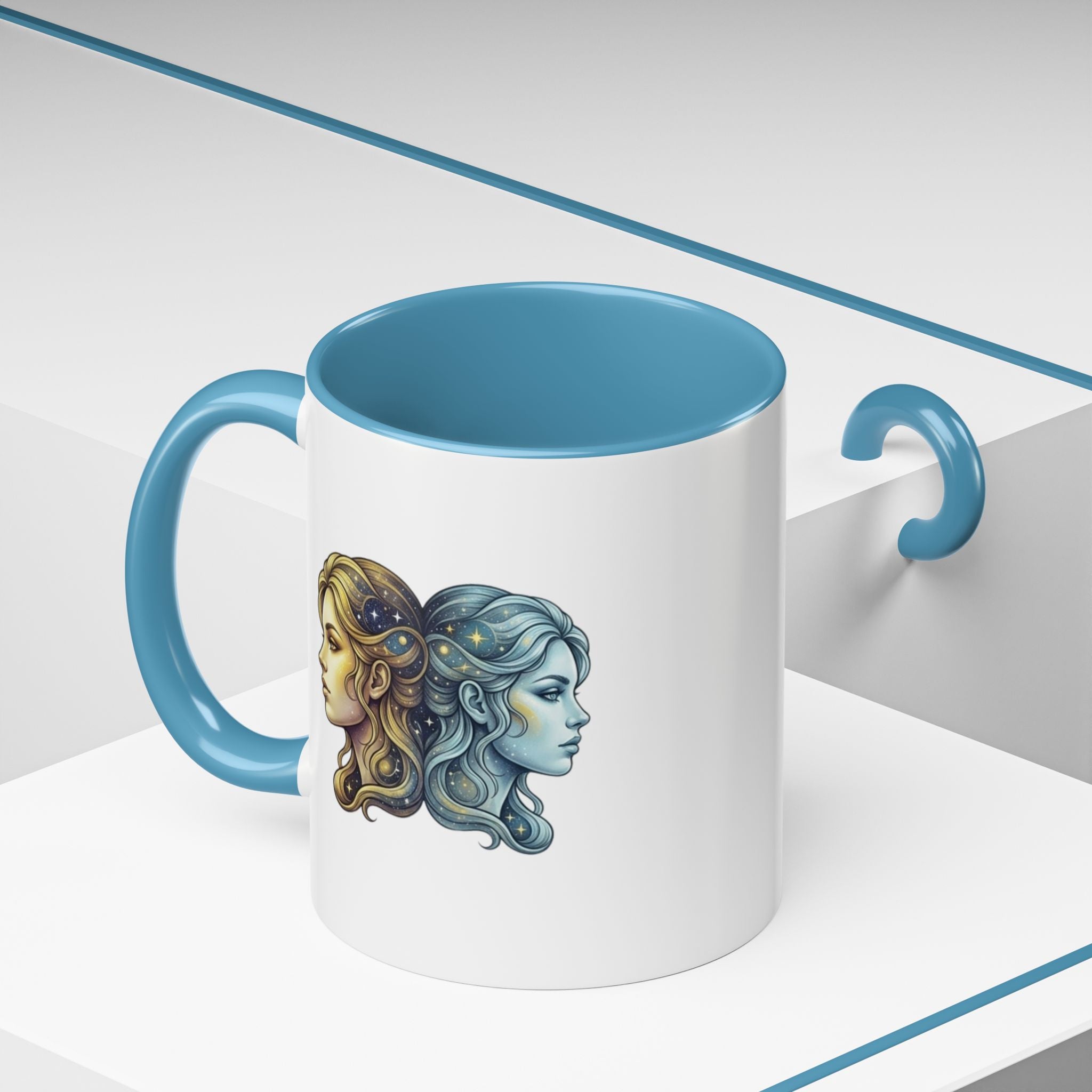Gemini Zodiac Accent Coffee Mug — Dual Faces Astrology Design