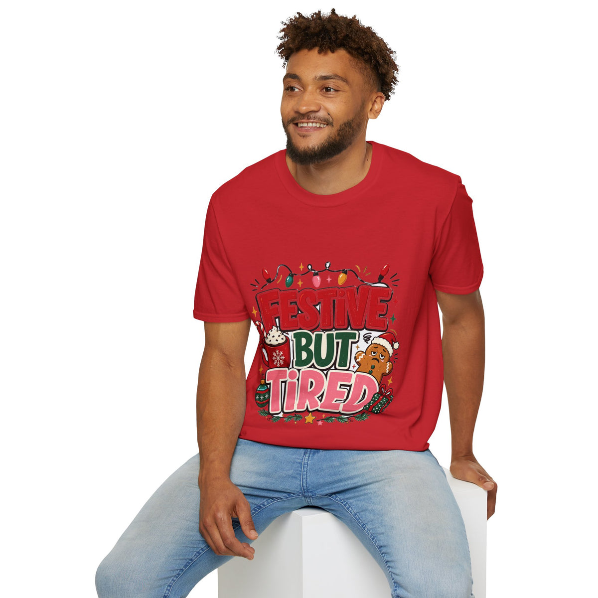 Festive But Tired T-Shirt — Holiday Christmas Crew Tee with Lights & Gingerbread