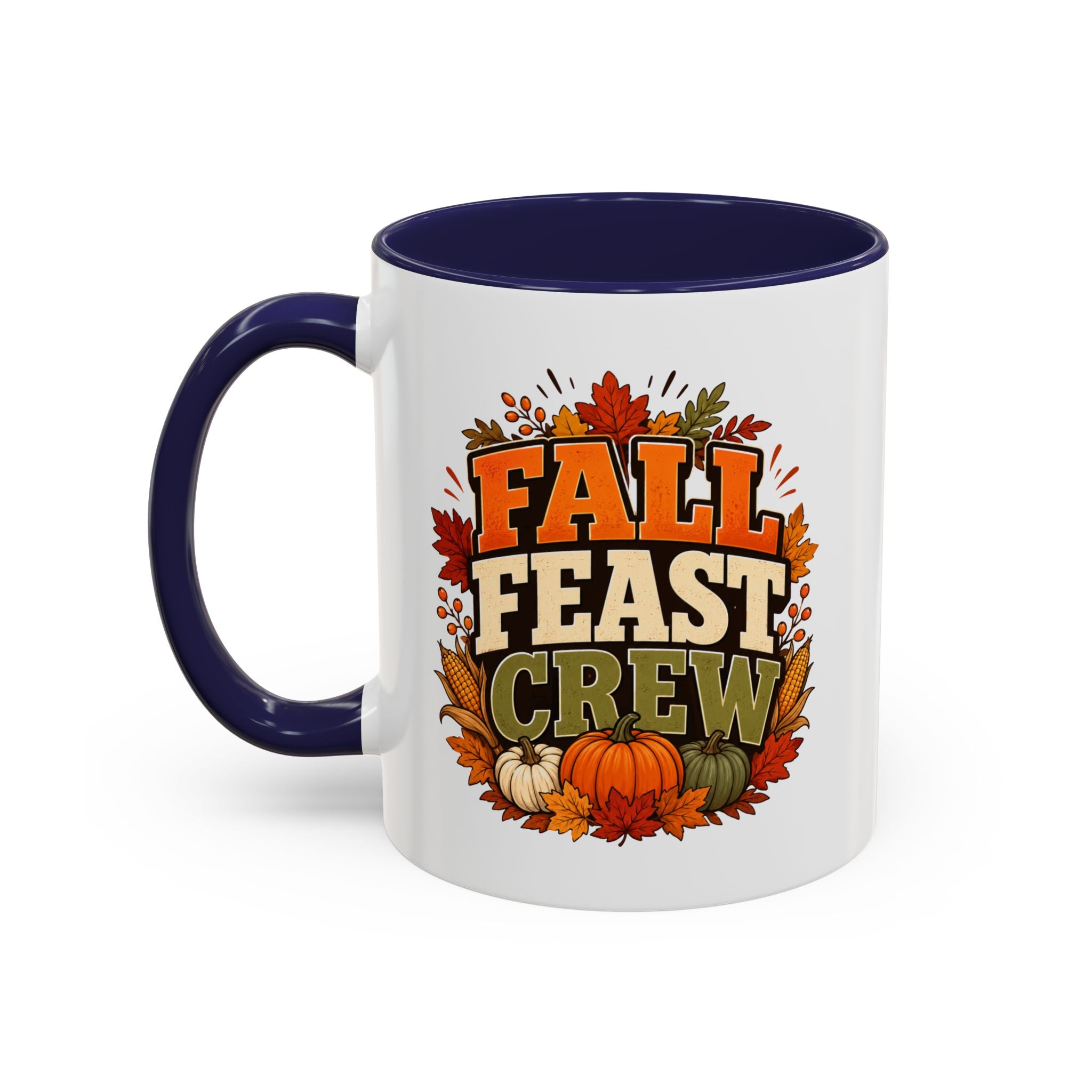 Thanksgiving Mug Fall Feast Crew Coffee Mug — Thanksgiving Pumpkin Autumn Leaves Accent Mug