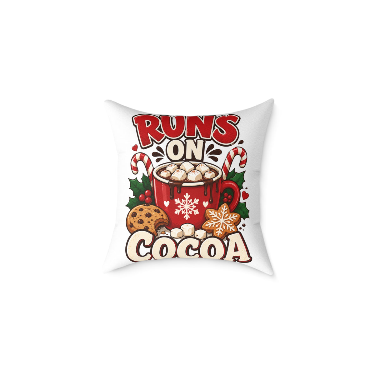 Christmas Square Pillow - "Runs on Cocoa" Holiday Hot Chocolate Decorative Throw Pillow