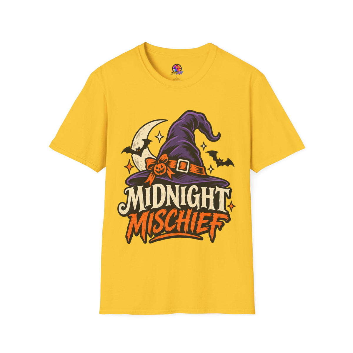 Midnight Mischief Halloween T-Shirt — Witch Hat & Bats Graphic