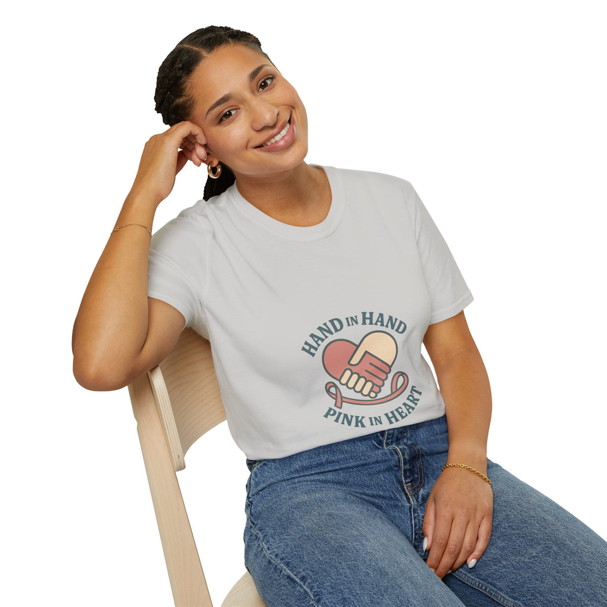 T-Shirt — "Hand in Hand, Pink at Heart" Heart-Shake Breast Cancer Support Tee - Trending Now - October 2026