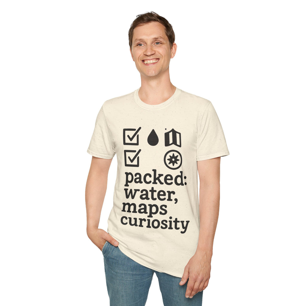 "Packed: Water, Maps, Curiosity" Outdoor Checklist Graphic Tee - Minimalist Hiking Camper White T-Shirt - Trending Now - September 2026