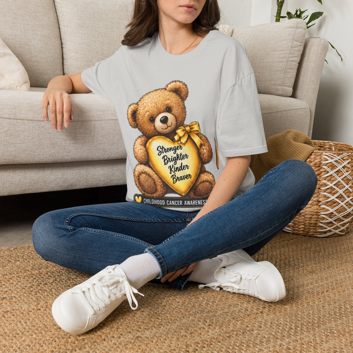 Childhood Cancer Awareness Teddy T-Shirt — "Stronger Brighter Kinder Braver"