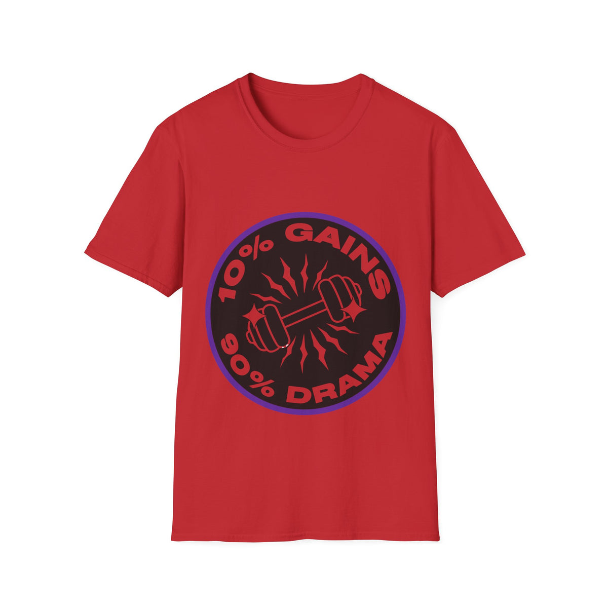 10% Gains 90% Drama Purple Badge T-Shirt - Retro Gym Circle Logo Graphic Tee - Trending Now - September 2026