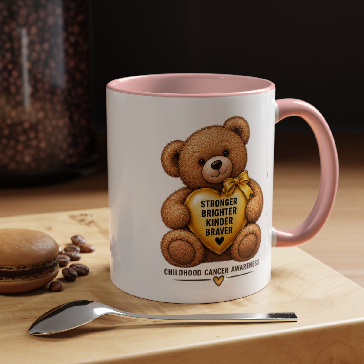 Childhood Cancer Awareness Coffee Mug — 'Stronger Brighter Kinder Braver' Teddy