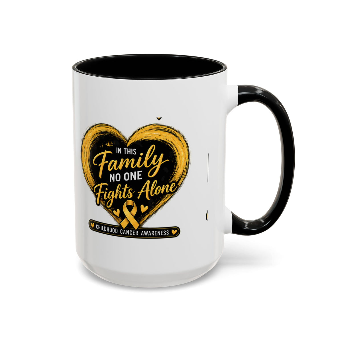 Childhood Cancer Awareness Accent Coffee Mug — "In This Family No One Fights Alone"