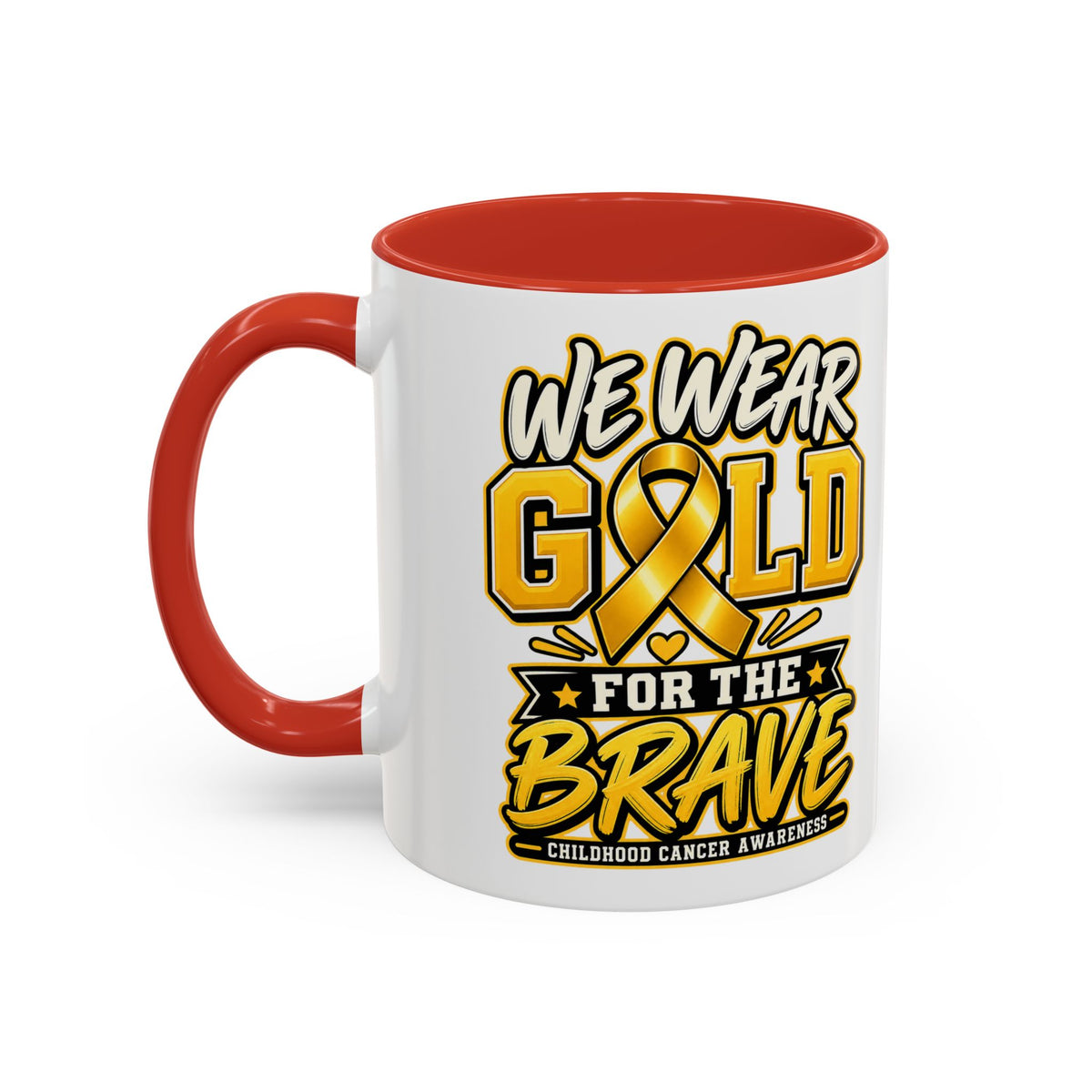 Childhood Cancer Awareness Accent Coffee Mug – "We Wear Gold for the Brave" (11/15 oz)