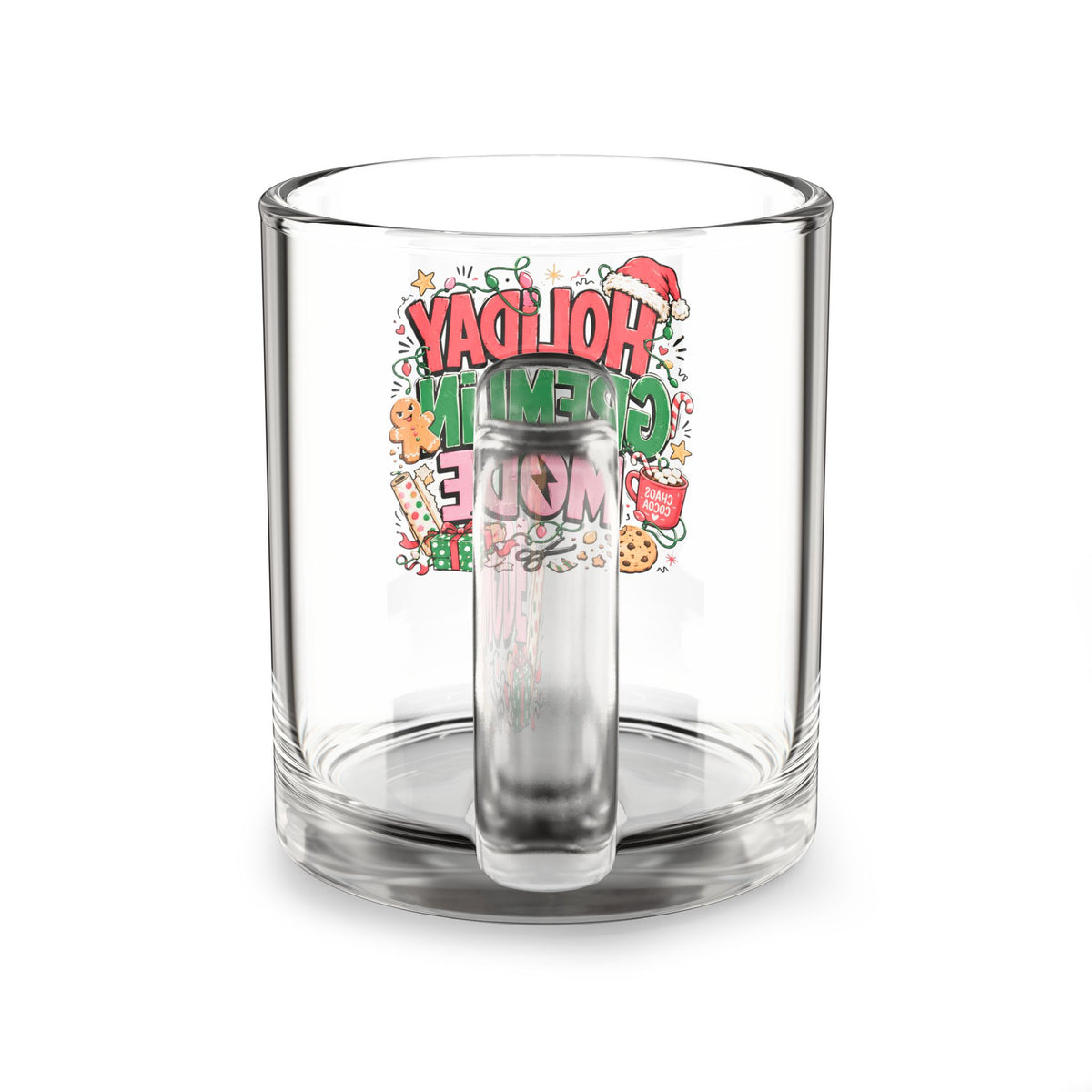 Modern Day Christmas Glass Mug  10oz Glass Mug — "Holiday Gremlin Mode" Christmas Glass Coffee Mug, Funny Festive Holiday Gift