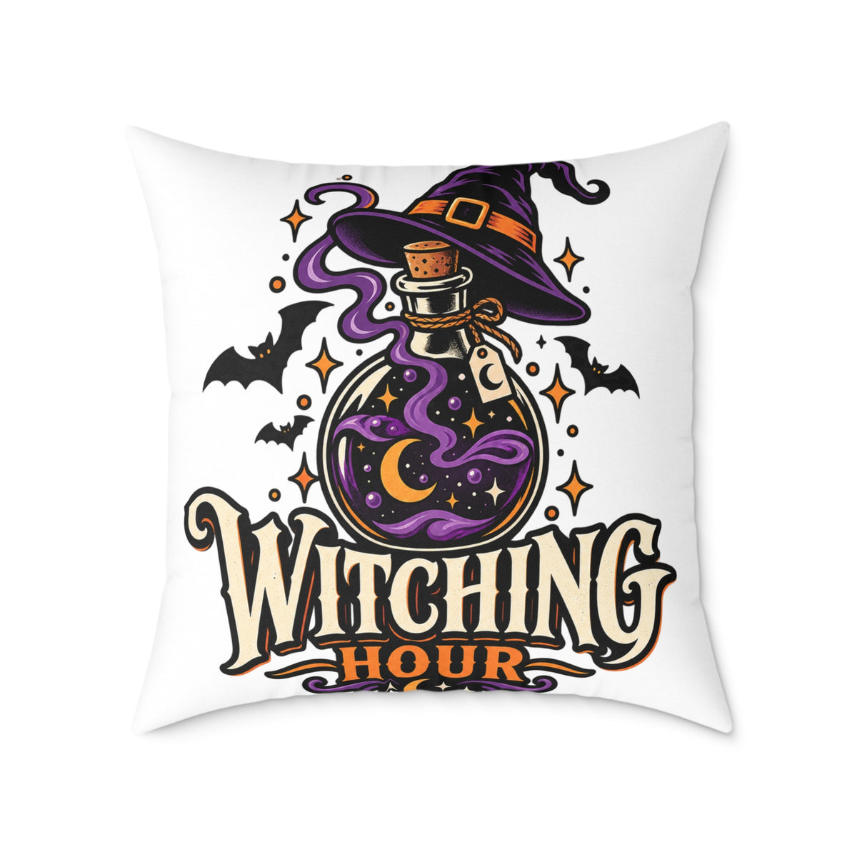 Witching Hour Halloween Decorative Pillow — Witch Hat & Potion Bottle Design
