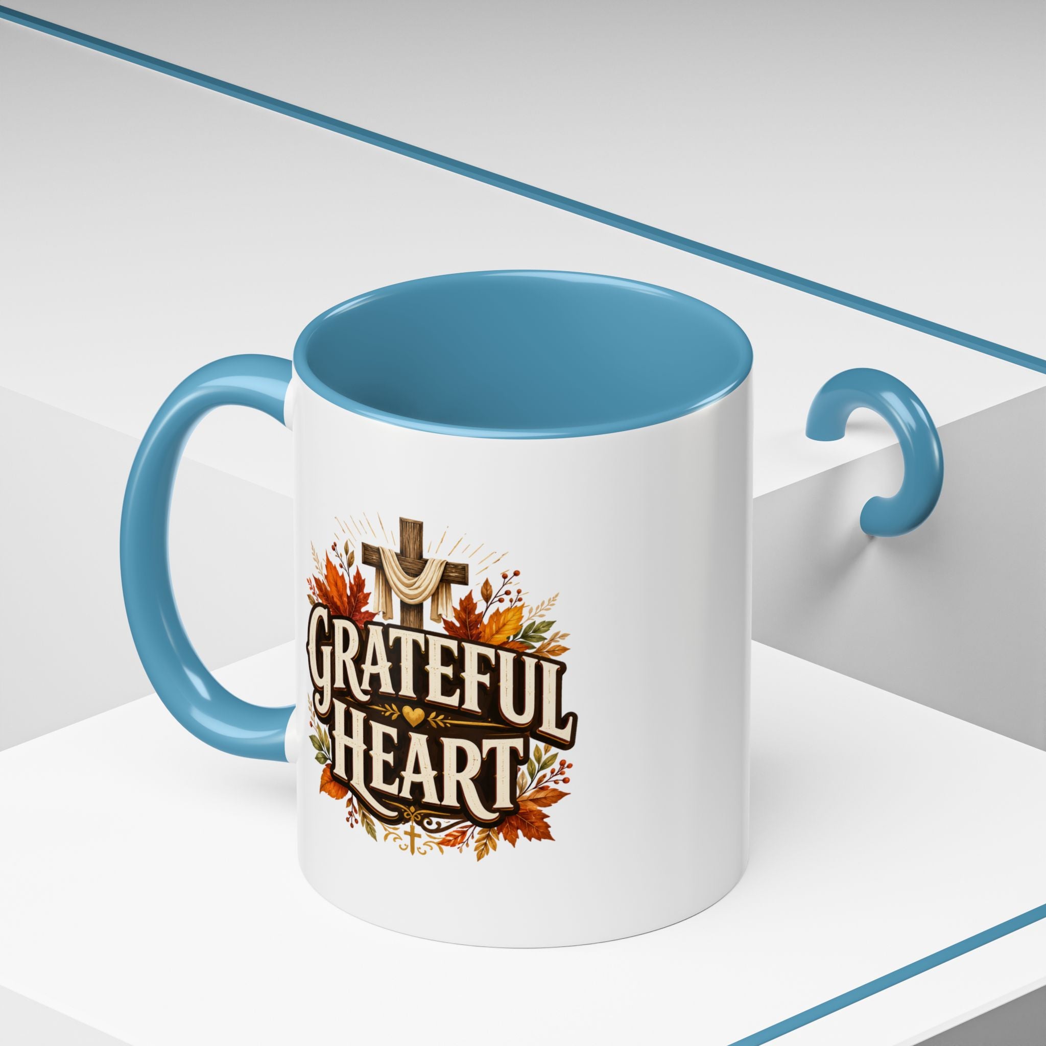 Thanksgiving Mug Grateful Heart Accent Coffee Mug – Autumn Leaves & Cross Spiritual Thanksgiving Gift