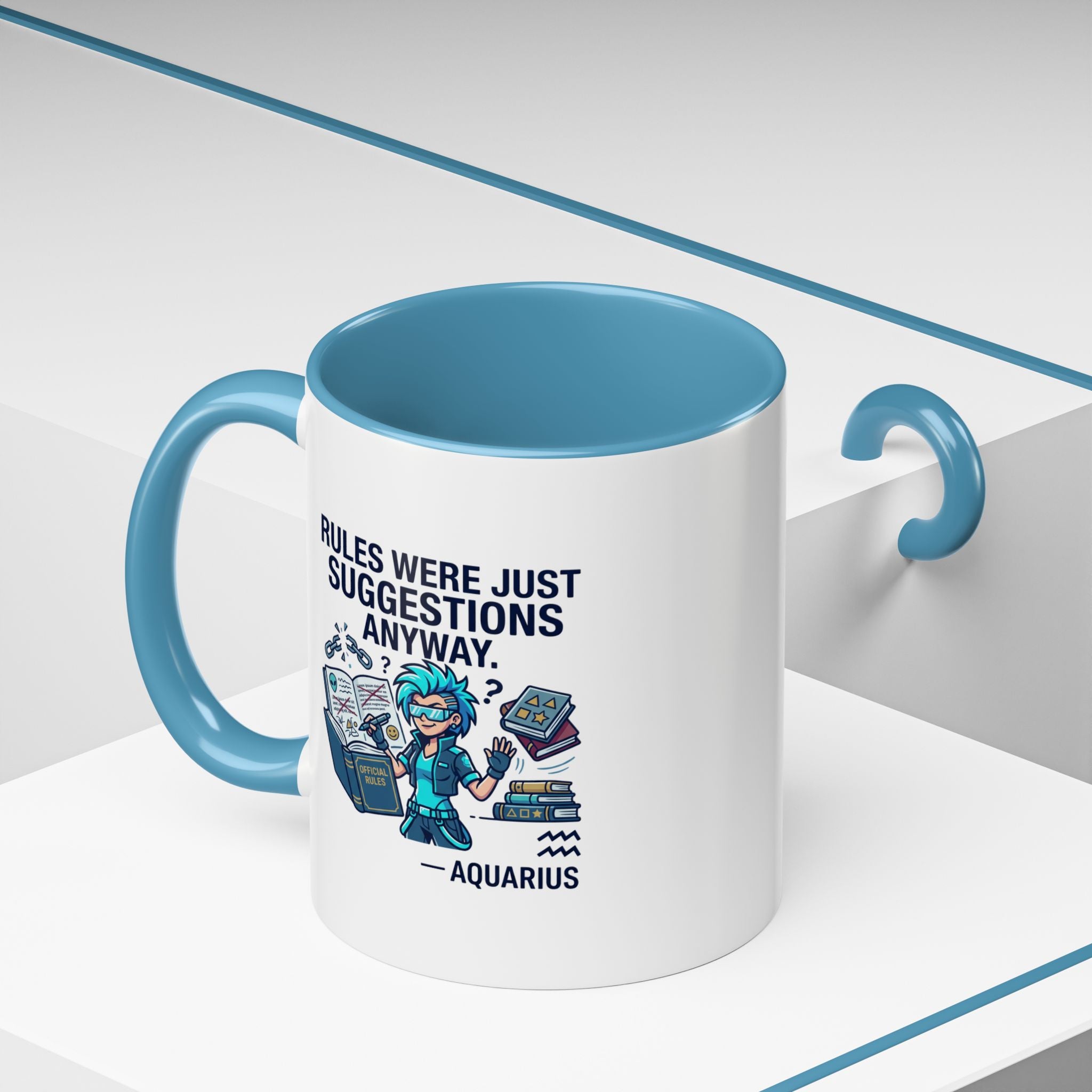 Aquarius Coffee Mug — "Rules Were Just Suggestions Anyway" Funny Zodiac Accent Mug 11oz