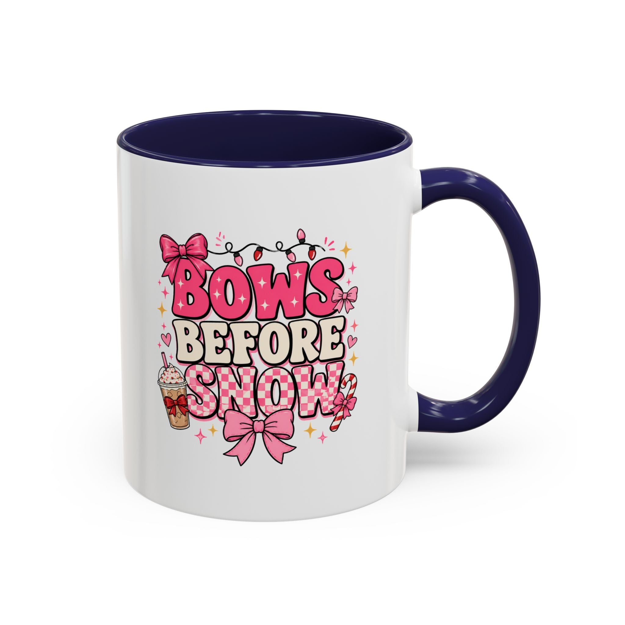 Modern Day Christmas Bows Before Snow Accent Coffee Mug — Cute Pink Holiday Hot Cocoa Design (11/15oz)