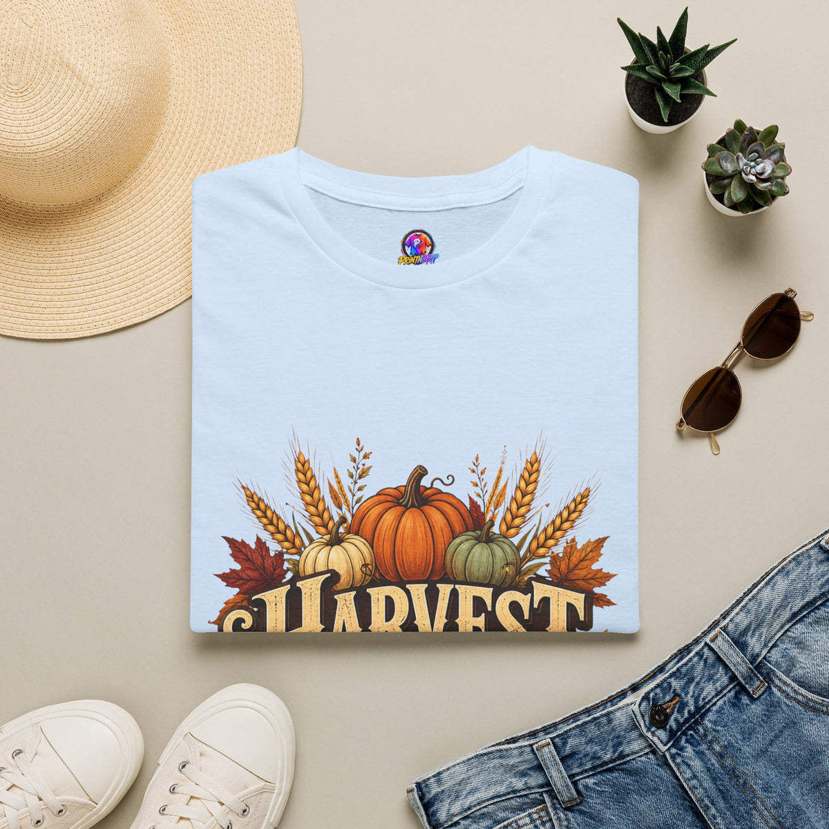 Thanksgiving T-Shirt Harvest Blessings T-Shirt — Fall Pumpkin & Wheat Autumn Tee