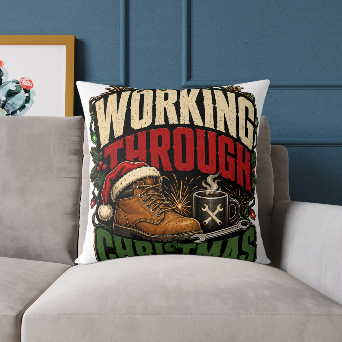 Working Through Christmas Modern Day Christmas Decorative Pillow — Holiday Boot & Coffee Throw Pillow