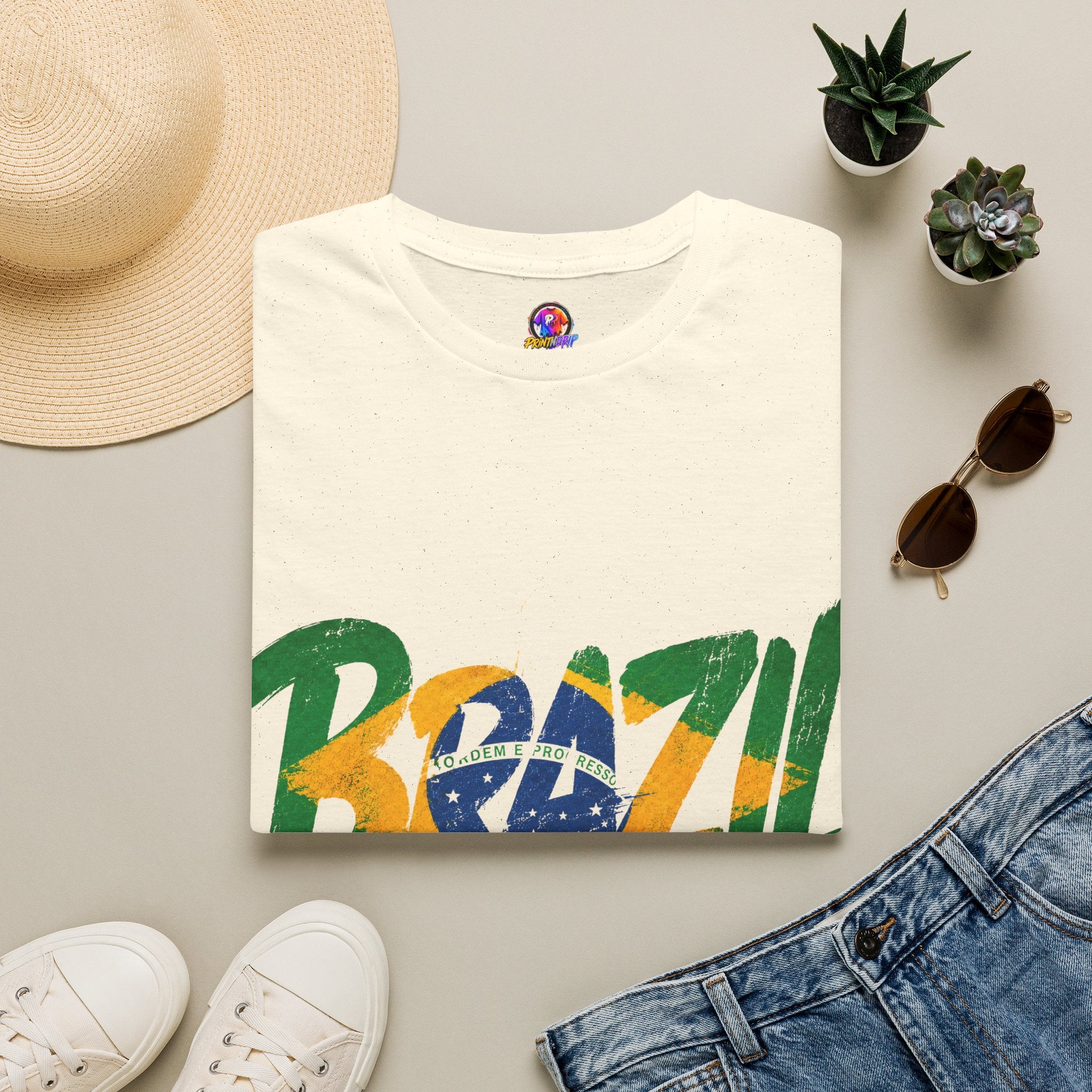 Brazil Flag Graphic T-Shirt — Bold Brazil Script with National Flag Motif