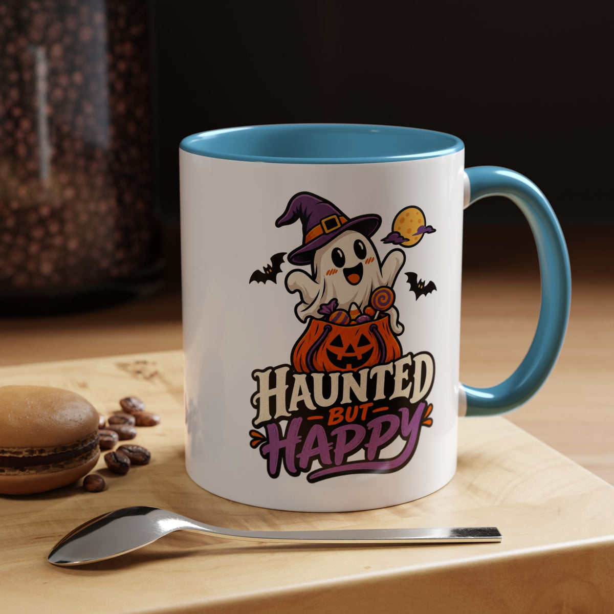 Haunted But Happy Coffee Mug — Halloween Ghost Pumpkin Accent Mug (11/15oz)