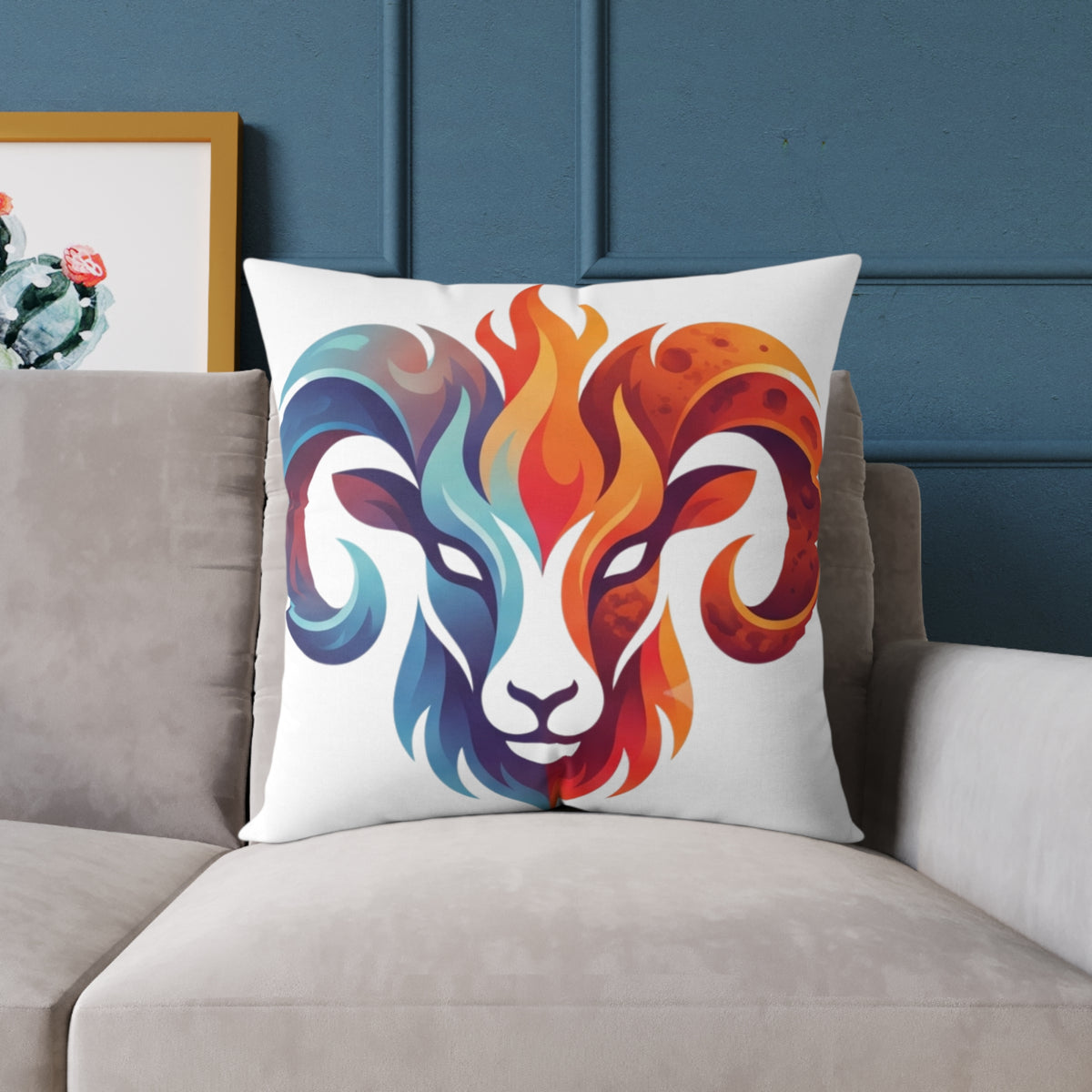 Aries Zodiac Flame Ram Art Pillow – Colorful Zodiac Aries Throw Pillow