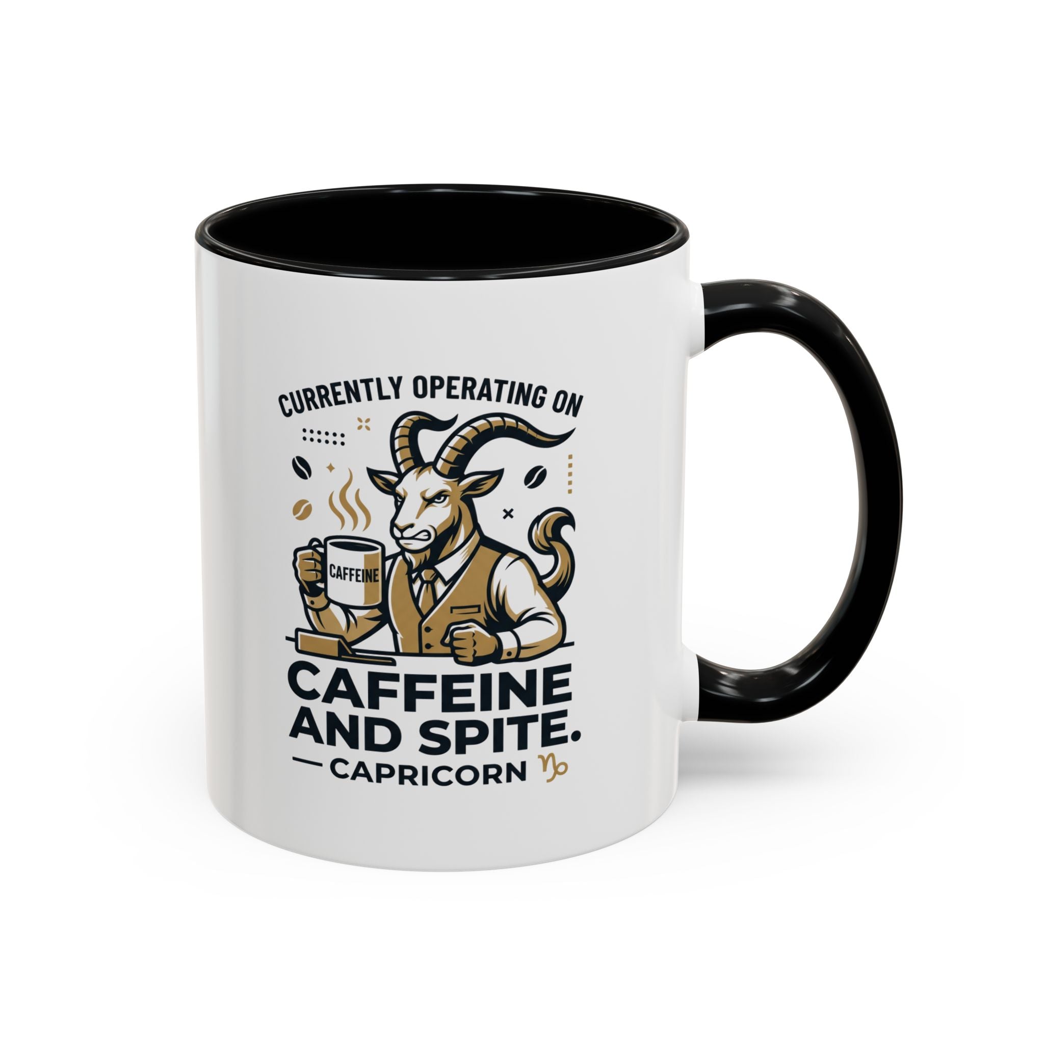 Capricorn Coffee Mug — “Currently Operating on Caffeine and Spite” Accent Mug (11/15oz)