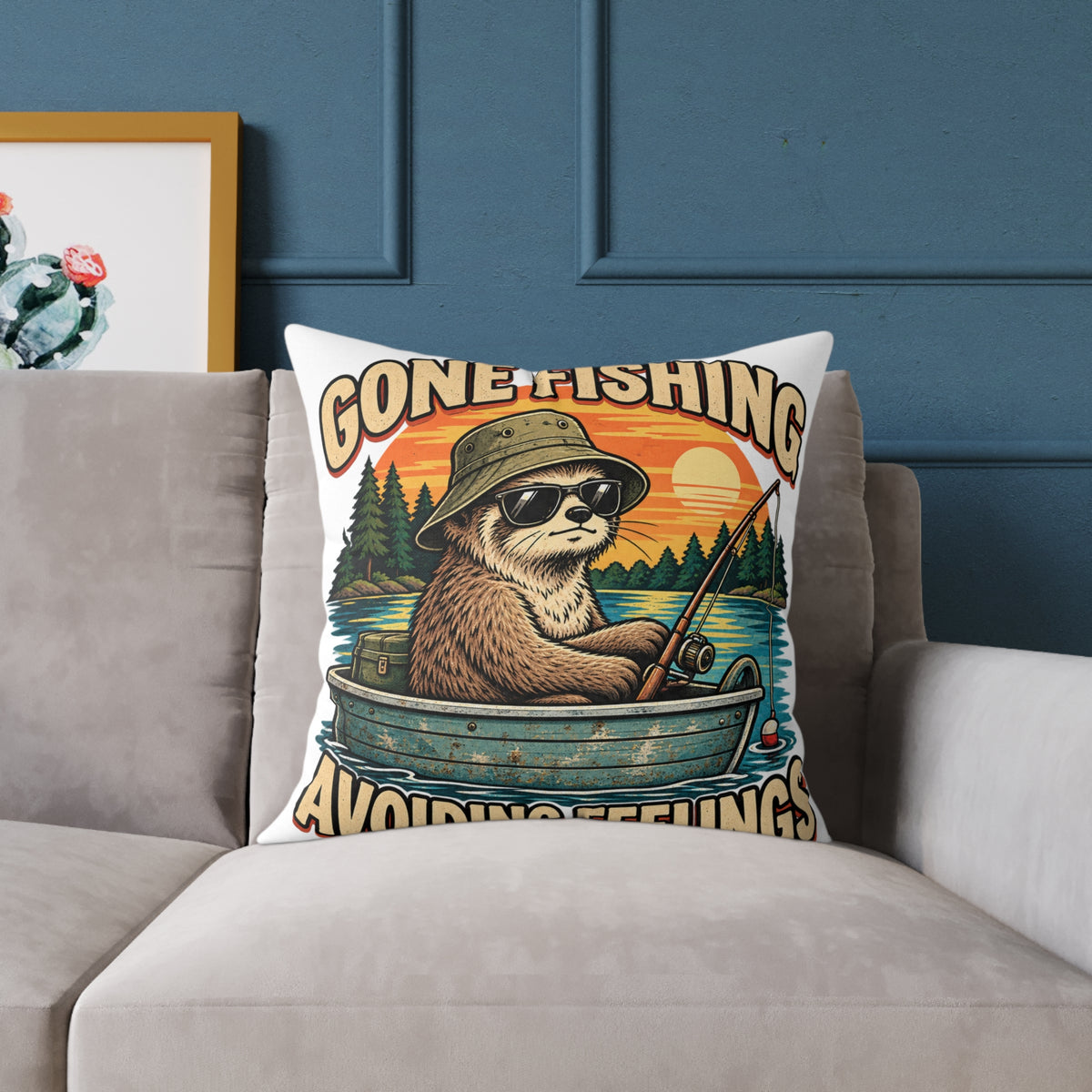 Gone Fishing Pillow —Funny  'Gone Fishing, Avoiding Feelings' Sloth Fishing Decorative Throw Pillow